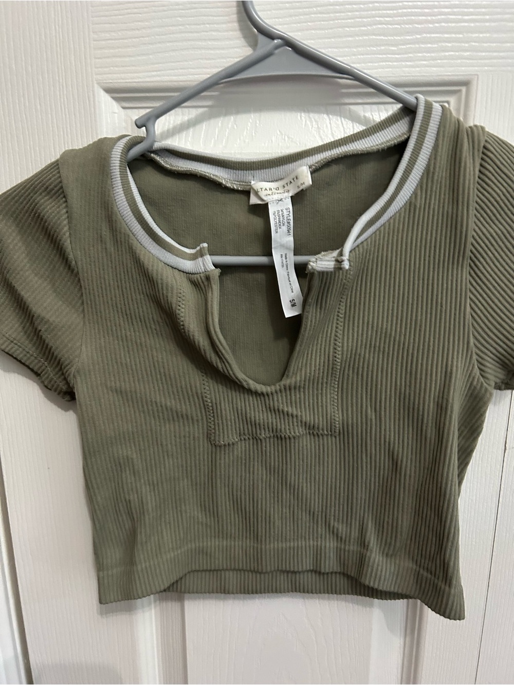 Altar'd State Olive Green Ribbed Crop Top with White Trim